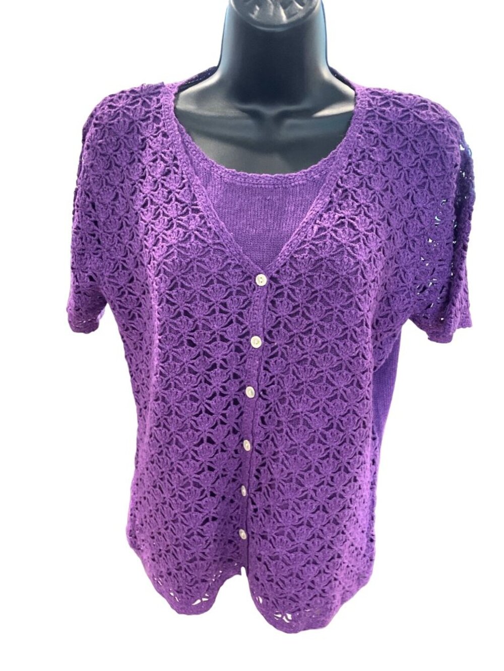 Studio Purple Medium Button-Up Crochet Knit Cardigan MInimalist Cottage